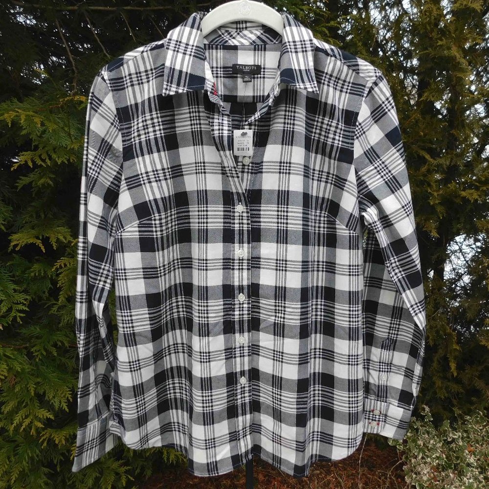 Talbots Petites Plaid Buttondown Top with Metallic Accents NWT